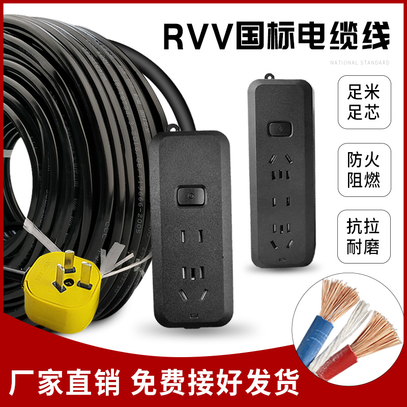 软电线2芯1.5/2.5/4平方RVV带插头电源家用大功率电缆线国标线径