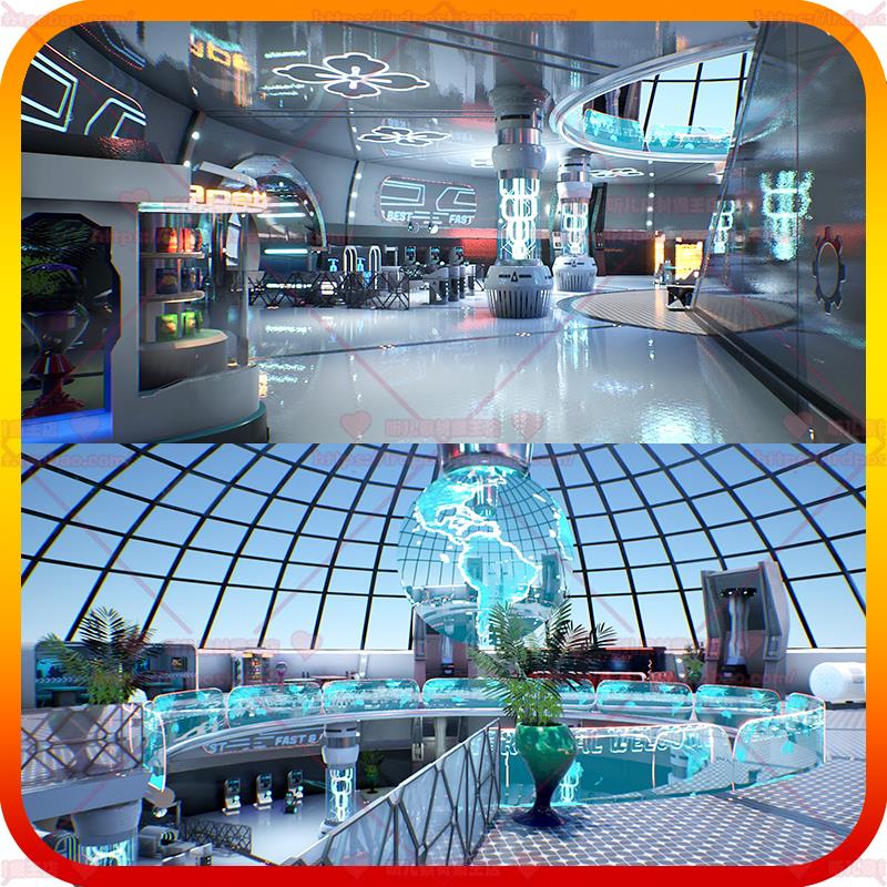 UE4虚幻5科幻元宇宙世界航站楼候车厅售货机机器人全息场景3D模型
