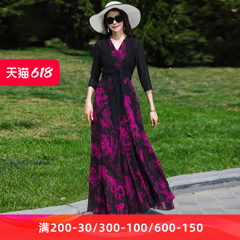 紫色假两件雪纺连衣裙女夏季2024新款气质收腰洋气长款印花大摆裙