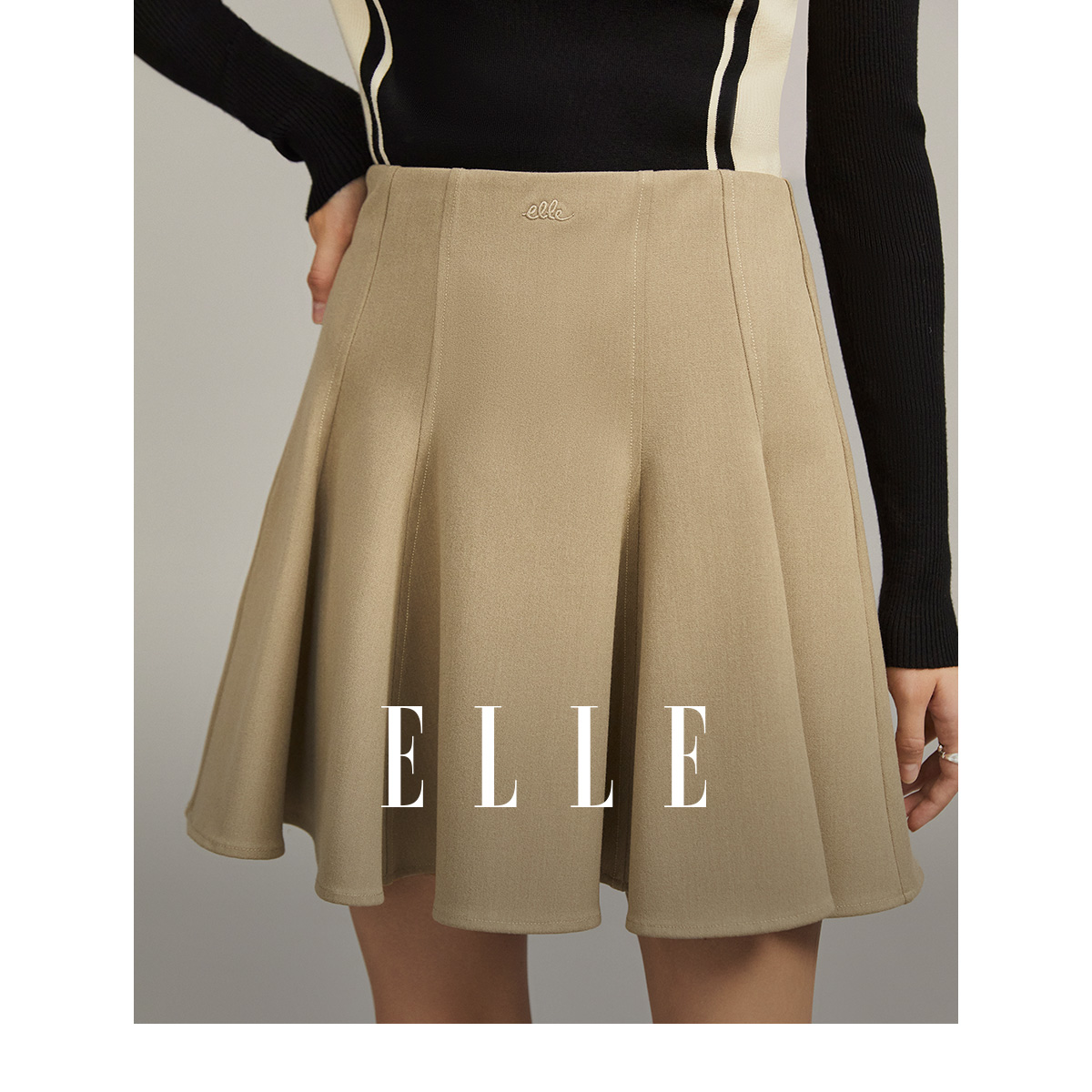 ELLE卡其色法式高腰显瘦百褶半身裙女2023冬装新款气质小众裙子