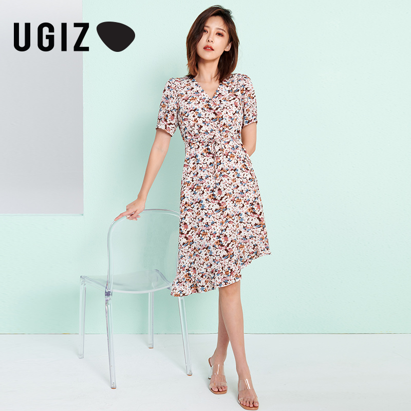 UGIZ夏季新品韩版女装中款碎花裙子显瘦不规则连衣裙女UBOD518