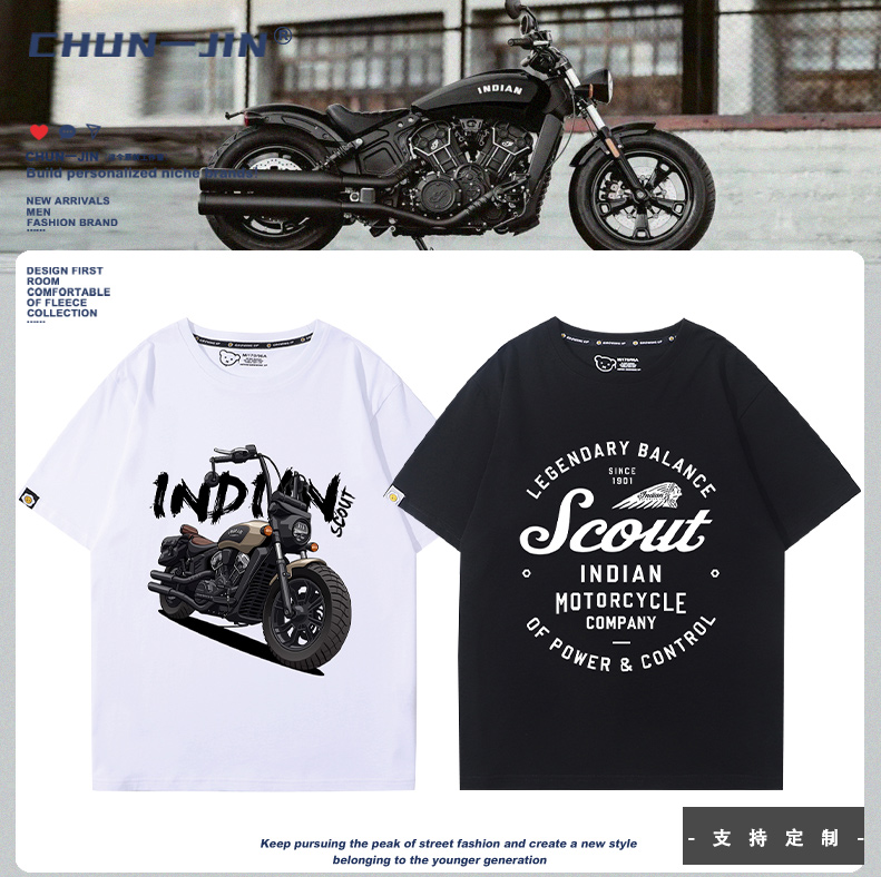 印第安摩托车scout复古巡航机车黑马改装文化夏季短袖T恤男女潮流