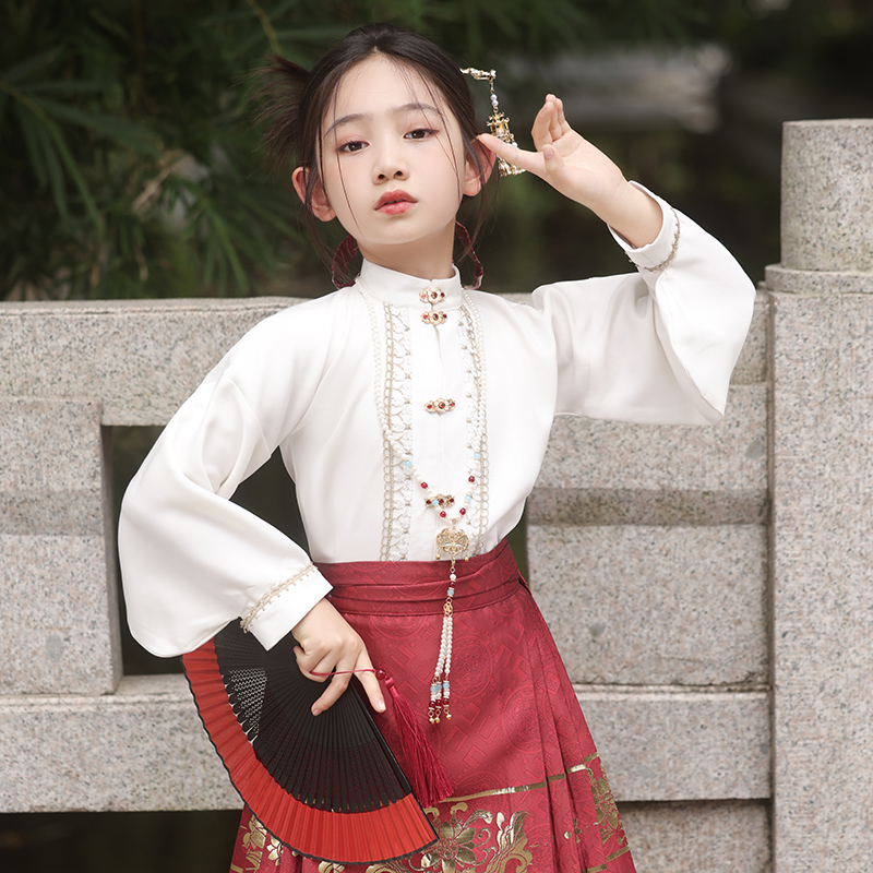 新中式提花衬衫宋制对襟飞机袖女童上衣雪纺衫斜襟交领汉服马面裙