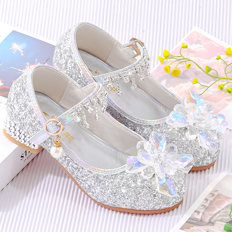 女童水晶鞋儿童银色公主鞋时尚演出礼服皮鞋女孩高跟鞋百韩系