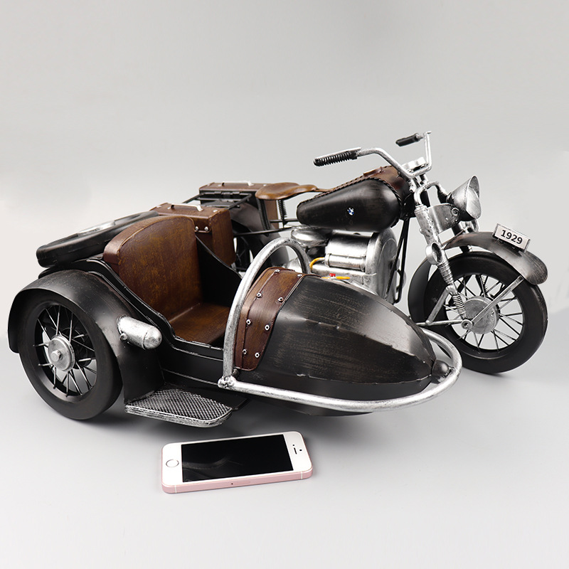美式大号挎斗摩托车模型铁艺偏三轮收藏工艺品摆设怀旧侉子车摆件