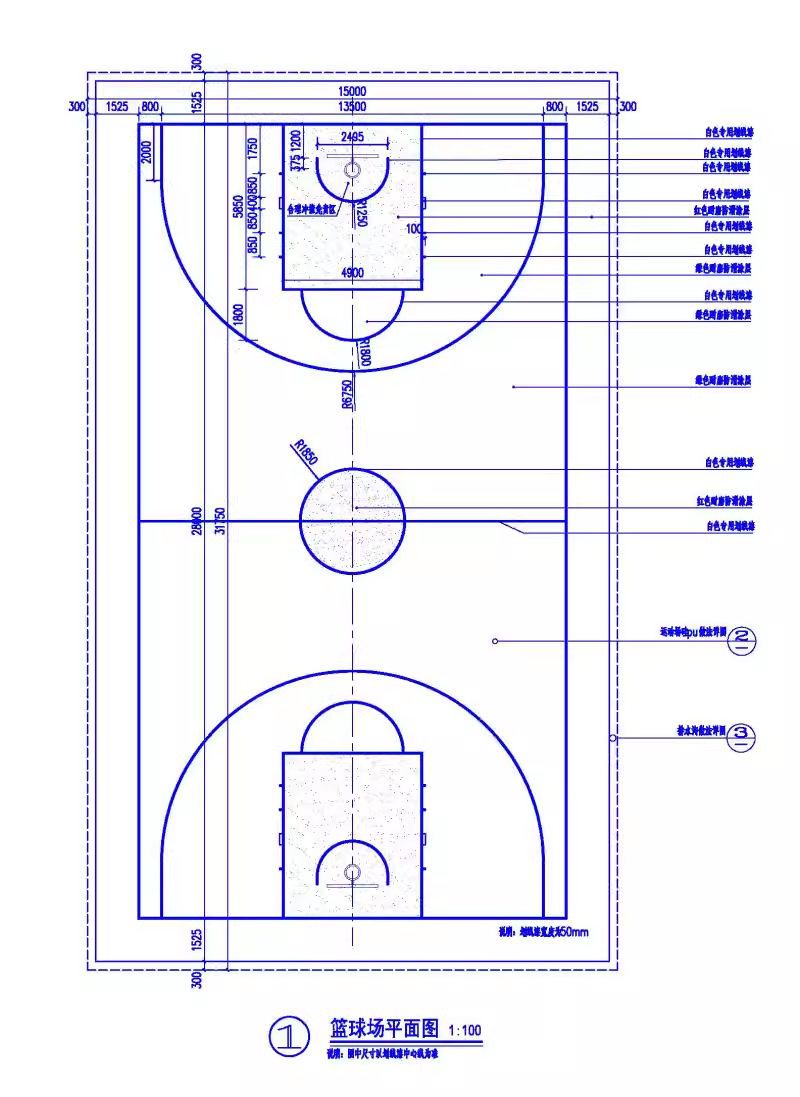 运动场地体育公园标准球场篮球场dwg尺寸图节点大样做法CAD施工图