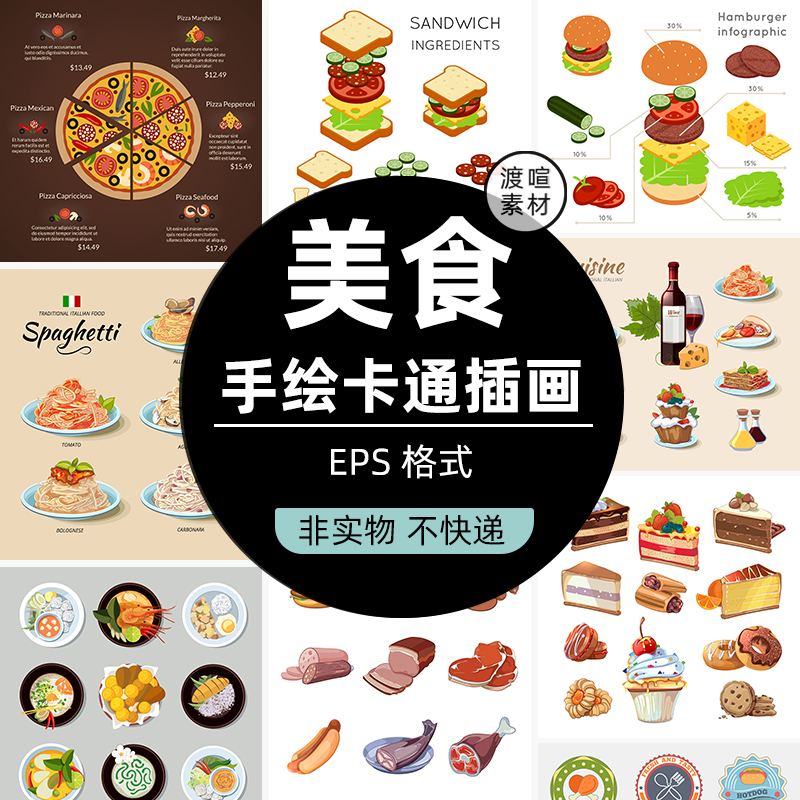 手绘卡通美食餐饮食物成份快餐面条汉堡图标海报插画ai矢量素材图