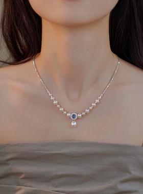 海蓝宝碎银项链3-6mm天然淡水珍珠 通体纯银长度40cm左右+尾链