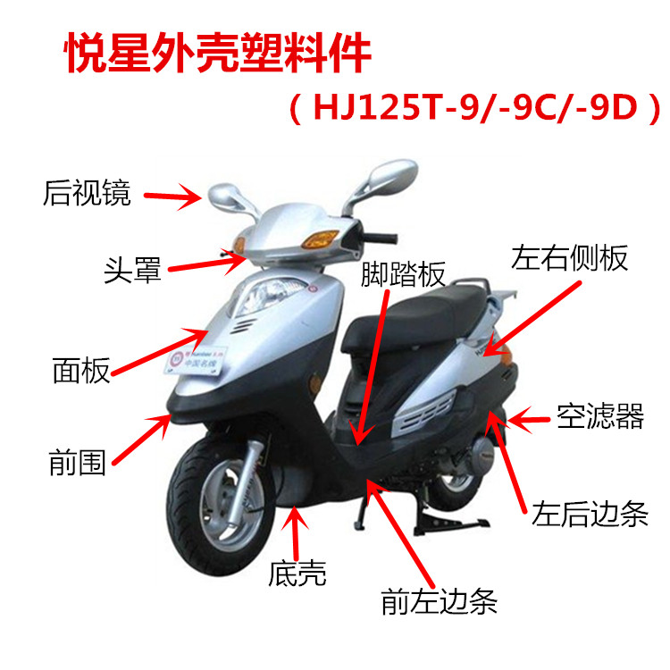 摩托车外壳适用悦星HJ125T-9C/9D脚踏板头罩面板前围边条护板配件