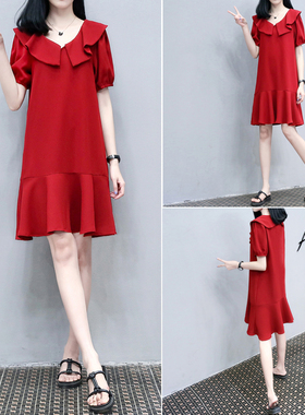 2024夏季新款韩版大码荷叶领红色裙子时尚宽松遮肉气质连衣裙女装