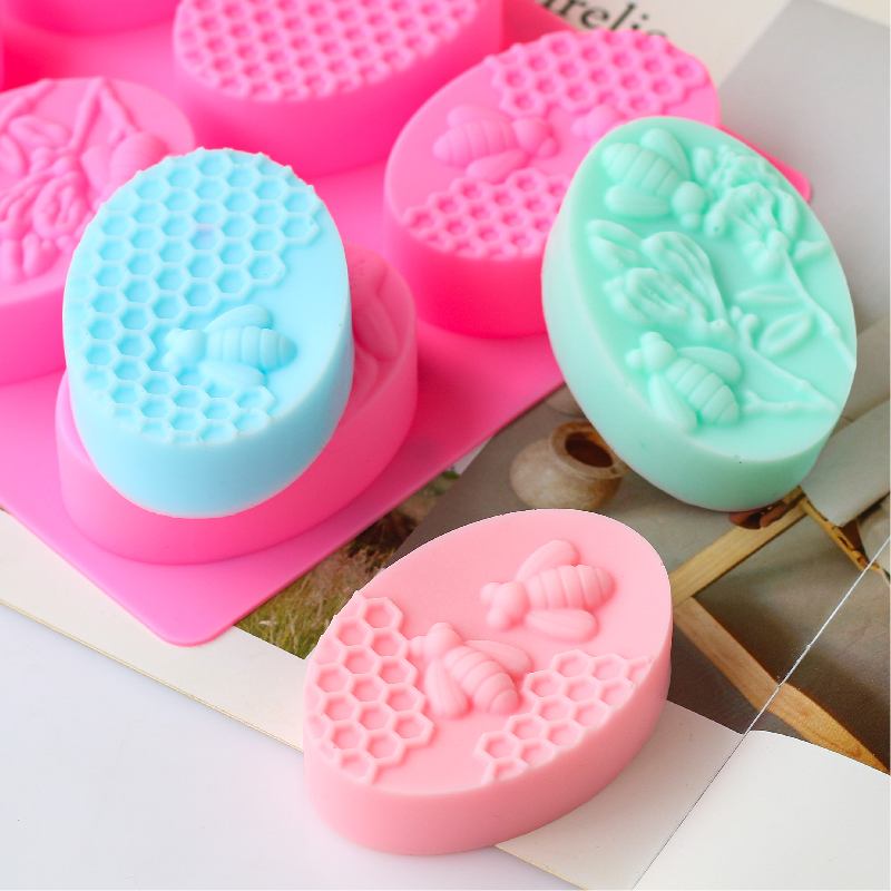 diy手工皂母乳皂制作六连椭圆形蜜蜂图案肥皂硅胶模具清晰