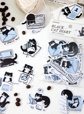 小黑猫日记本贴纸可爱卡通动物手帐素材装饰线条风猫咪猫猫贴画