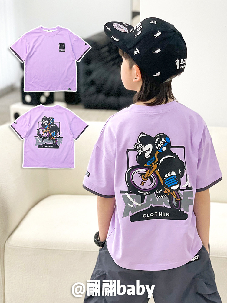 24夏季新款日系潮男儿童装帅气紫色纯棉卡通摩托车假两件短袖T恤
