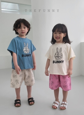 韩国进口童装纯棉卡通兔子短袖T恤儿童夏季简笔画卷边半袖上衣