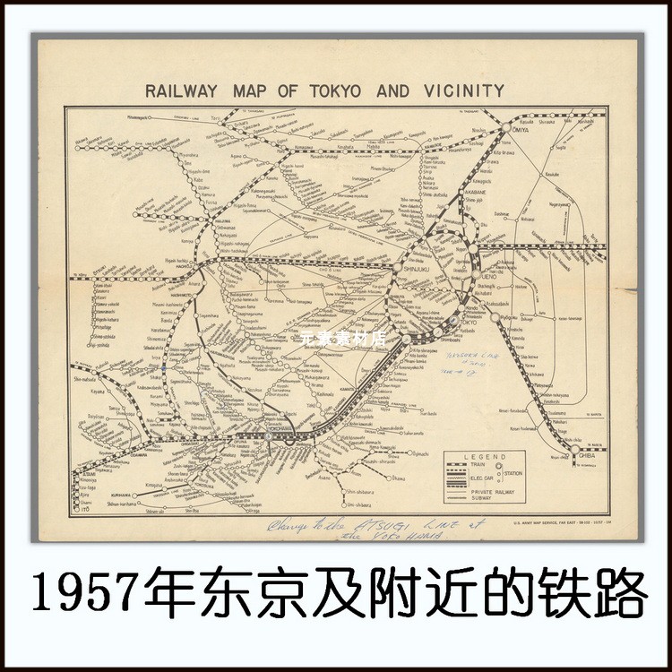 东京及附近的铁路地图1957年高清电子版老地图素材2幅 JPG格式