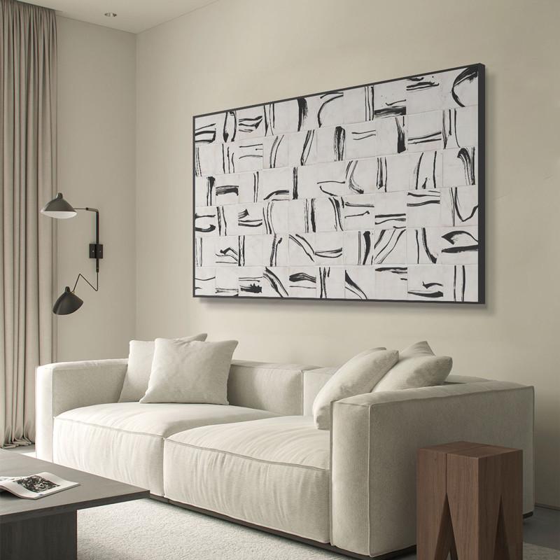 北欧极简客厅装饰画侘寂风黑白抽象沙发背景挂画现代大幅横向壁画