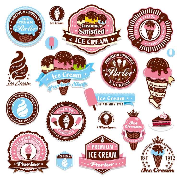 可爱冰淇淋标签 卡通彩色雪糕LOGO标贴图案 AI格式矢量设计素材