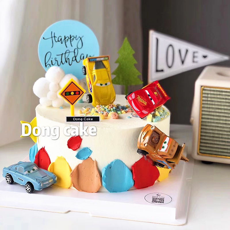 儿童生日蛋糕装饰品汽车动员卡通回力小汽车摆件烘焙甜品台装饰