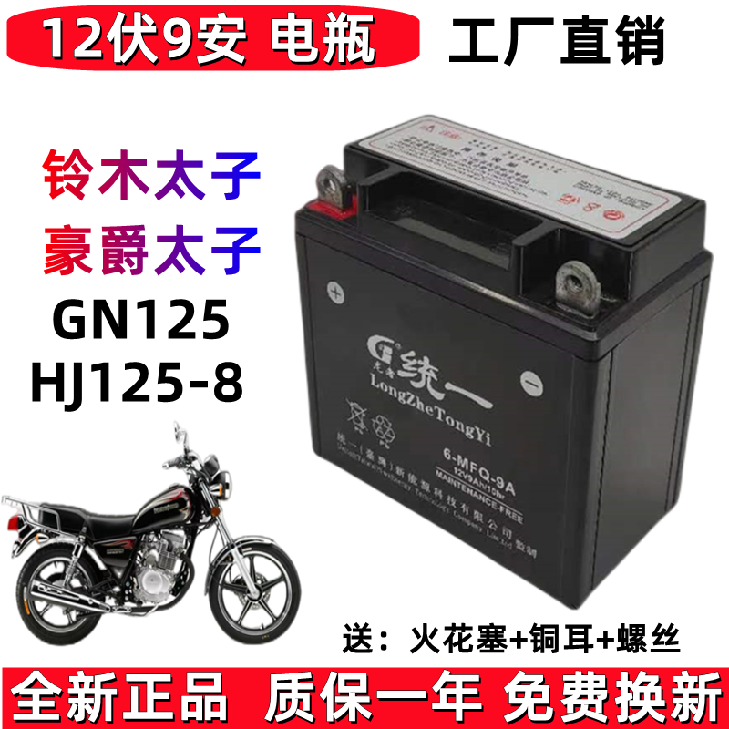 适用豪爵林木GN太子HJ125-8男士摩托车龙者统一免维护蓄电池12V9A