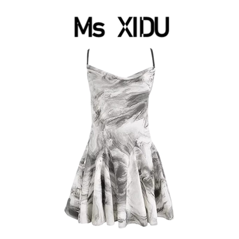 Ms XIDU 高级感新中式法式复古晕染水墨画吊带连衣裙女国风短裙子