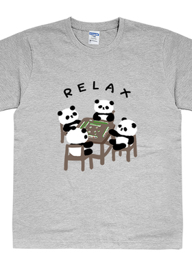 熊猫打麻将图案短袖T恤创意手绘插画趣味文艺简约小众设计感男女