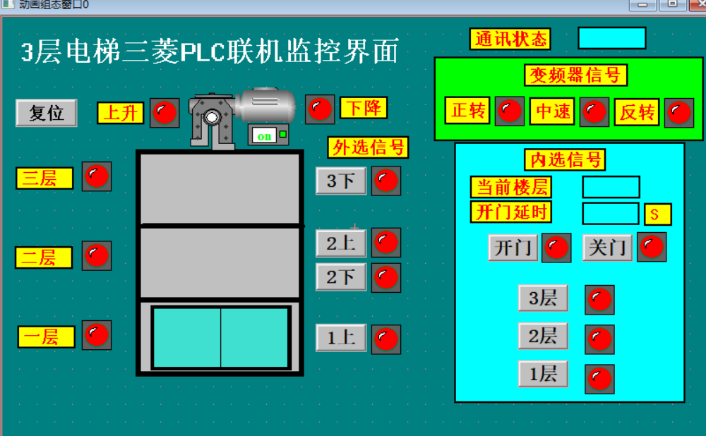 3三层电梯三菱FX-3u型PLC和MCGS7.7联机程序ok2带变频器接线图CAD