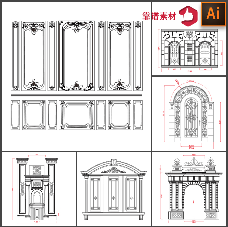 简约欧式浮雕拱门大门玫瑰花窗精雕线稿路径设计图EPS矢量素材