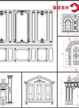 简约欧式浮雕拱门大门玫瑰花窗精雕线稿路径设计图EPS矢量素材