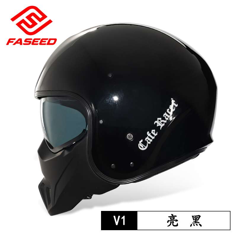 新款FASEED碳纤维复古头盔摩托车半盔哈雷机车鬼面男女全盔咖啡骑