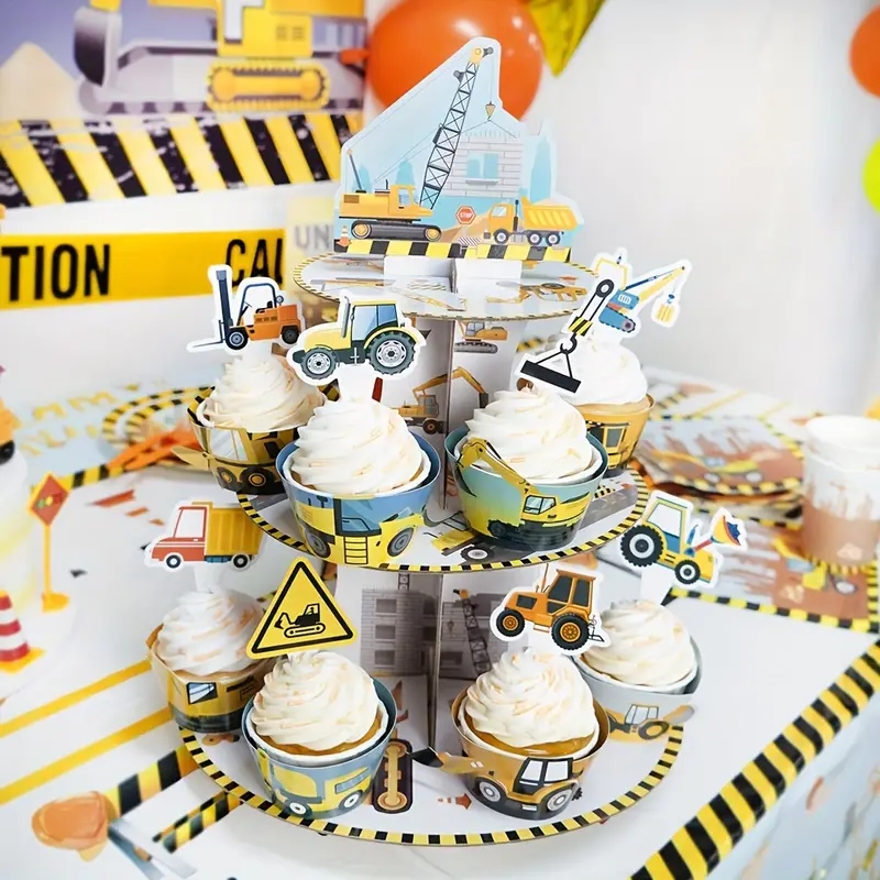 新款工程车卡通主题挖掘机蛋糕围边插牌儿童生日男孩派对装饰礼物