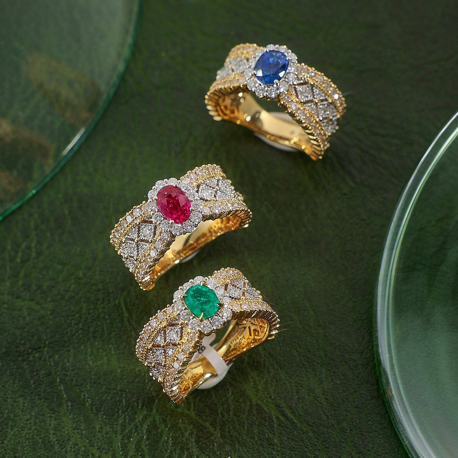 意大利织纹雕金蕾丝花边金色镶钻红宝石蓝宝石祖母绿小众复古戒指