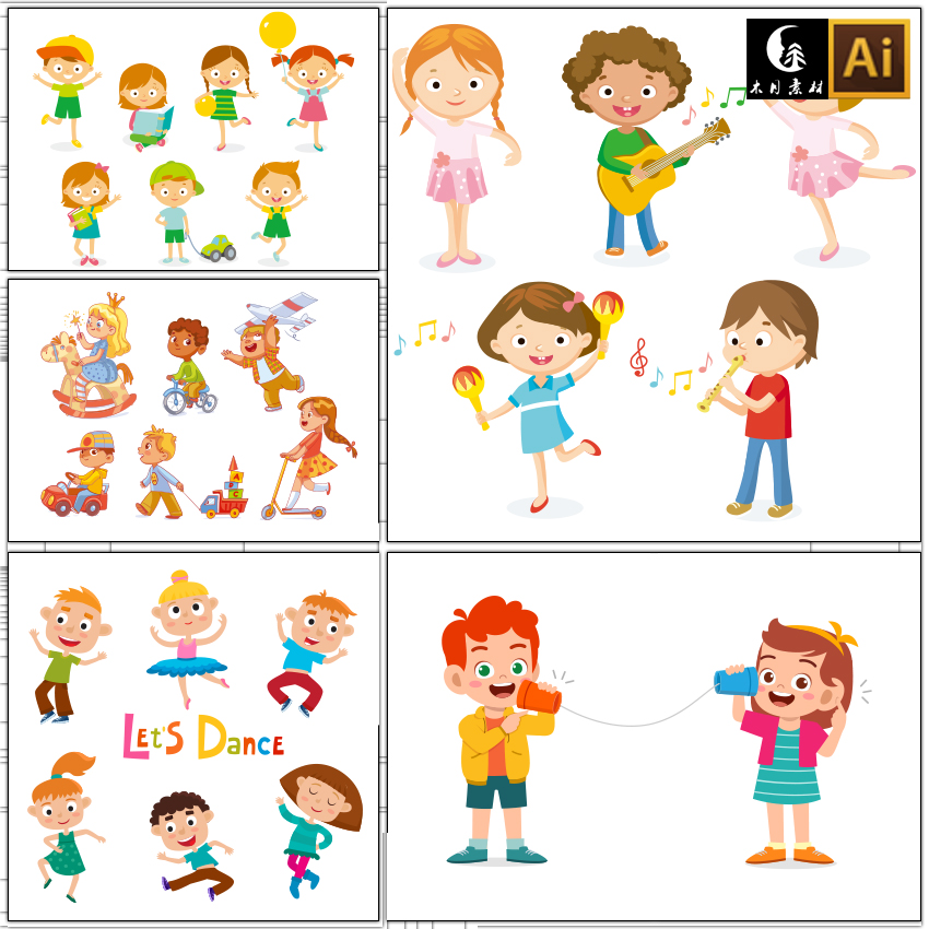 卡通可爱儿童小孩子男生女生人物娱乐活动运动矢量图片设计素材