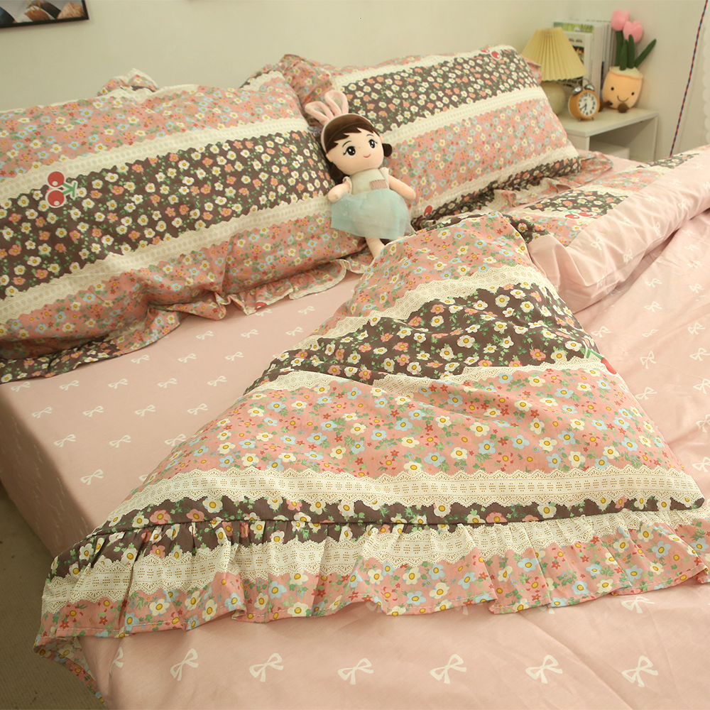 粉红少女心花边100％纯棉四件套全棉公主风三件套床单被套床上