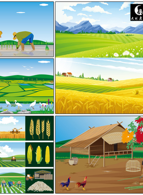 绿色有机农田农村农民插秧稻田乡村风景插画海报矢量图片设计素材