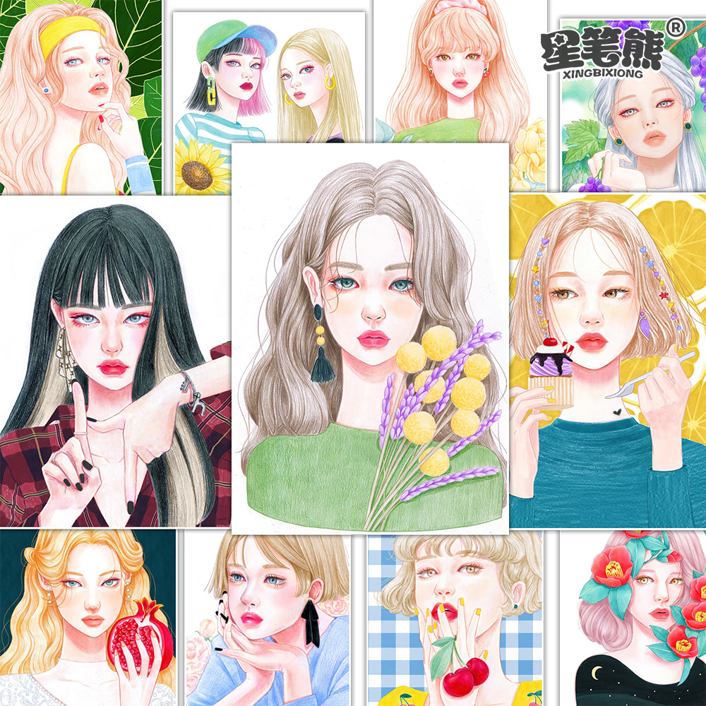 彩铅INS风人物临摹卡 时尚日韩女生头像穿搭服装手绘范画美术卡片