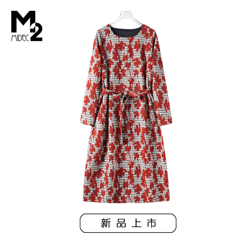 M2女装2024年春新款宽松大码显瘦中年妈妈长袖针织羊毛连衣裙