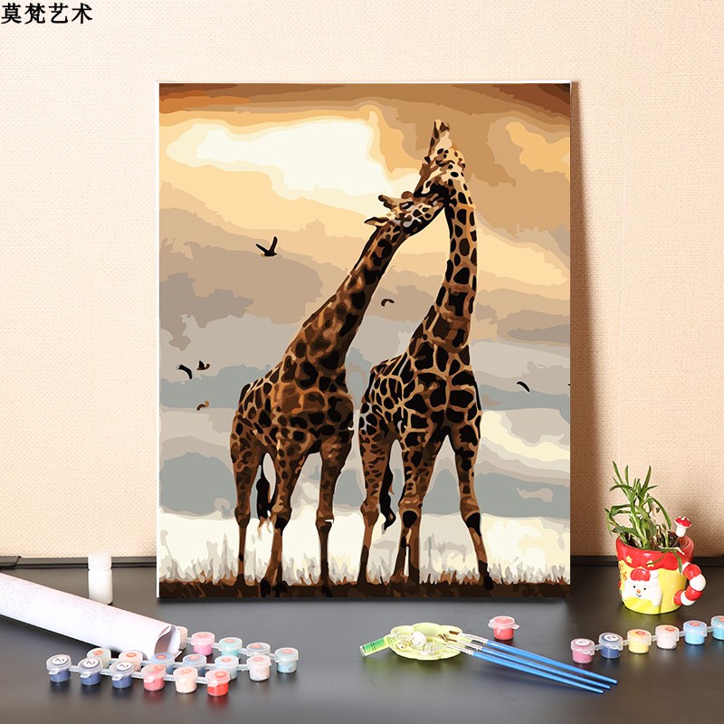 数字油画diy手工填充非洲大草原长颈鹿一家手绘涂色温馨油彩画画