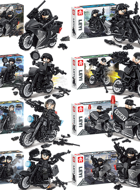 中国积木兵人仔军事积木基地二战拼装玩具男孩特警儿童益智摩托车