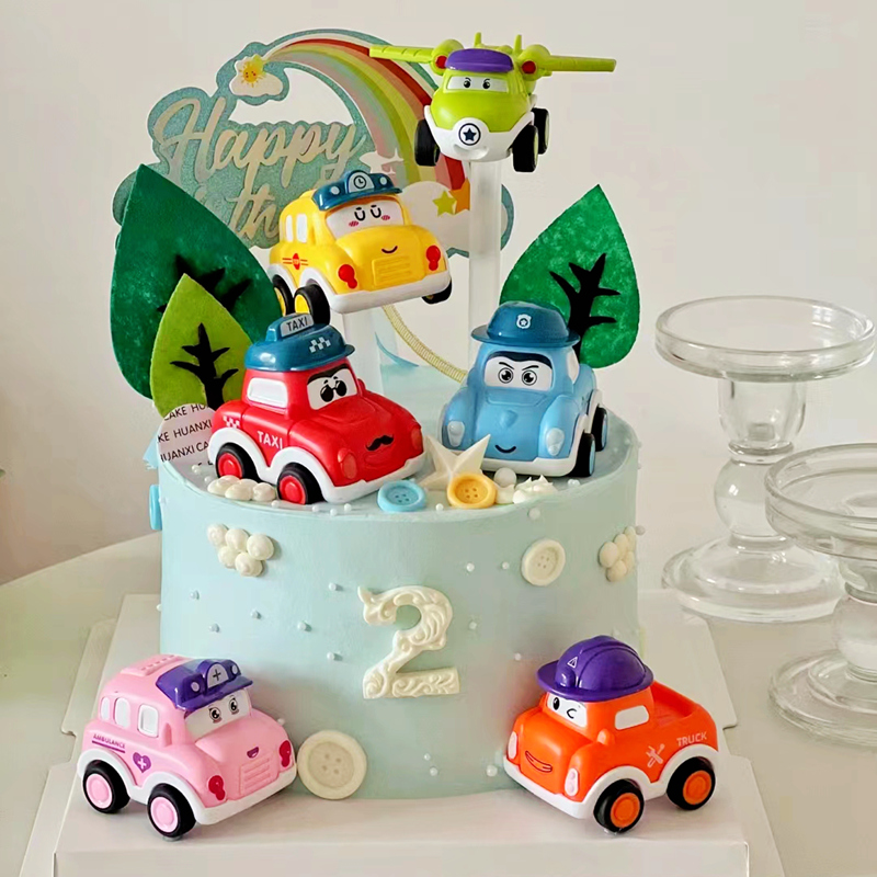 Q萌汽车蛋糕装饰摆件小汽车工程男孩周岁生日配件路标障路牌插件