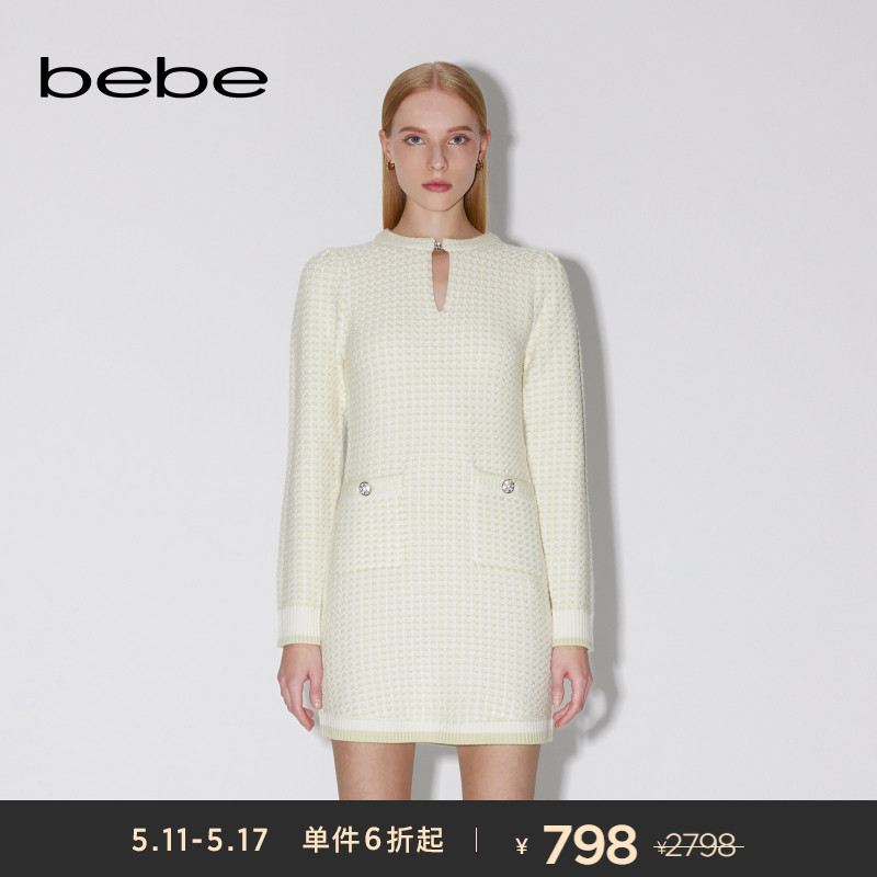 bebe春夏系列女士经典短款圆领长袖羊毛针织连衣裙130902