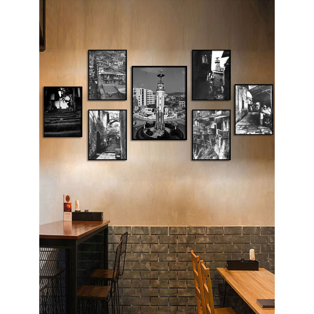 80年代怀旧黑白老重庆市井照片挂画火锅店墙面装饰画复古餐厅壁画