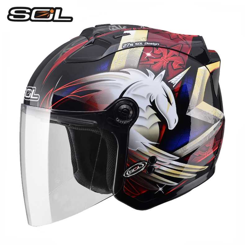 新款SOL摩托车头盔夏季个性酷男女电动车半覆式半盔LED尾灯四季