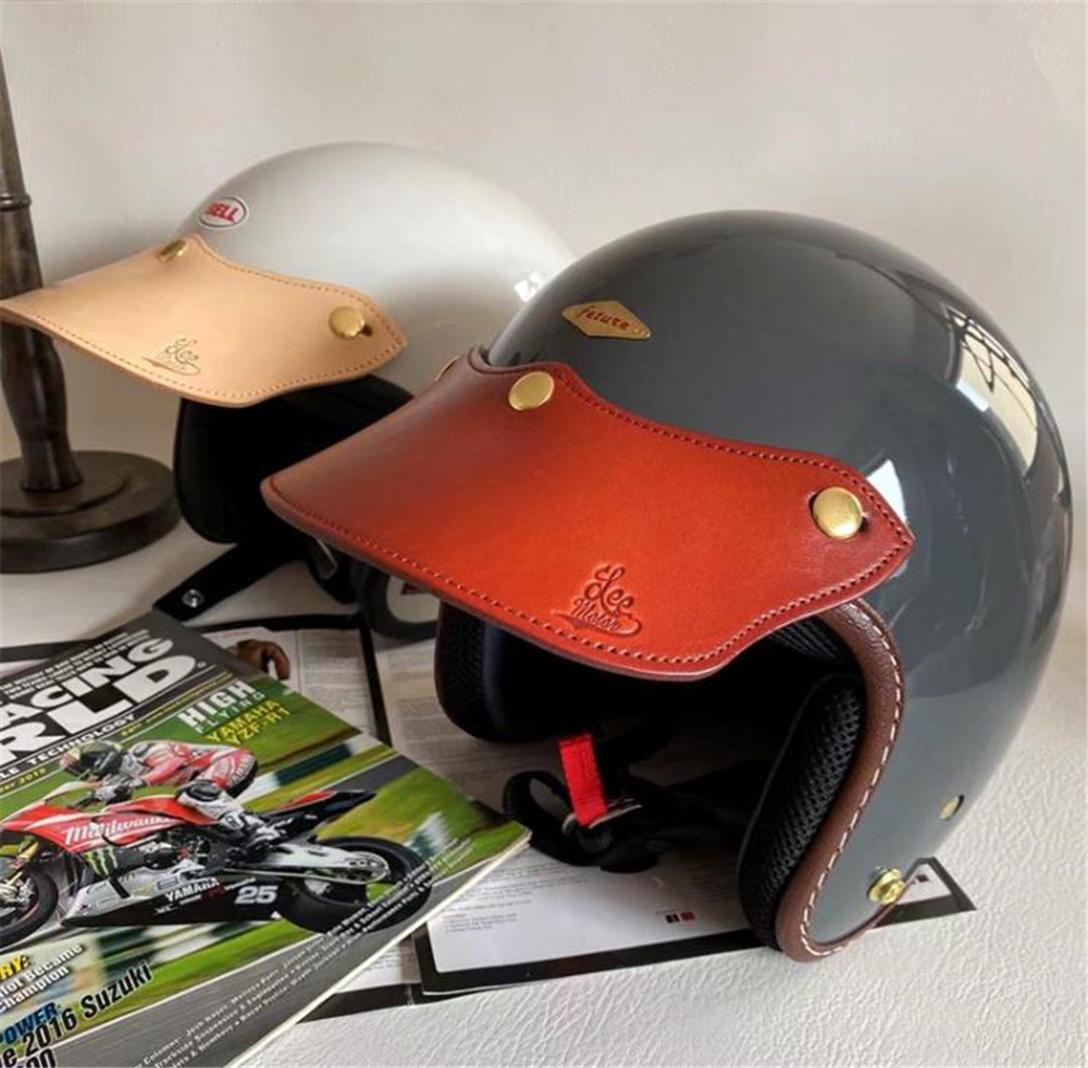 哈雷复古摩托车头盔3/4半盔三扣式通用真皮帽檐 按扣遮阳牛皮帽舌