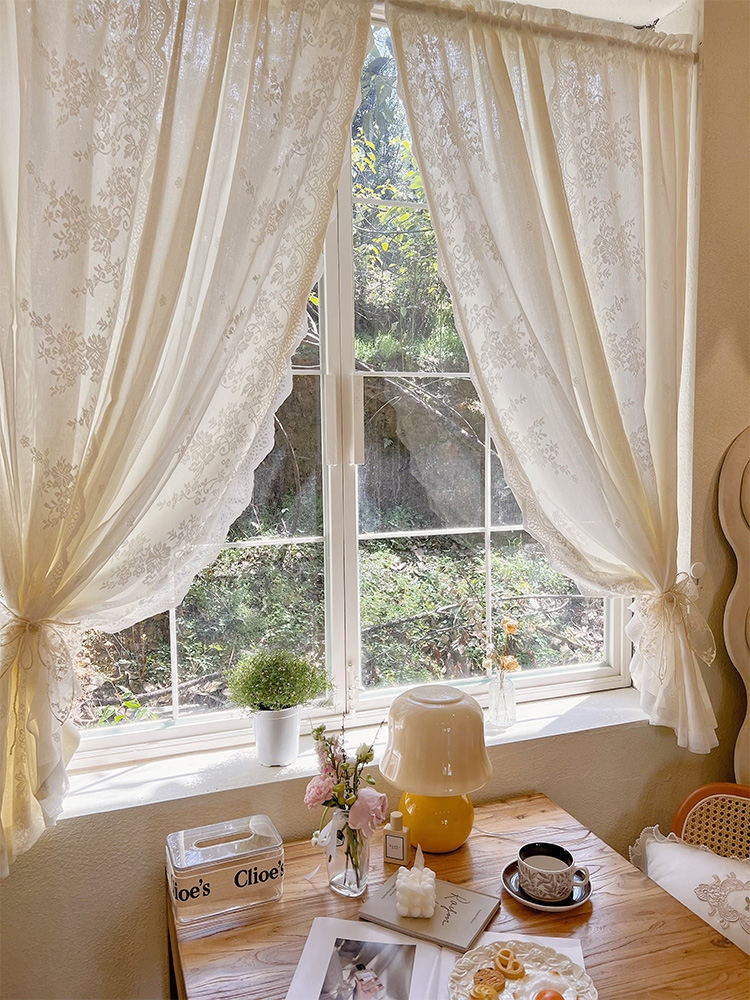 法式轻奢双层纱帘奶油色窗帘复古蕾丝刺绣欧式透光不透人卧室客厅