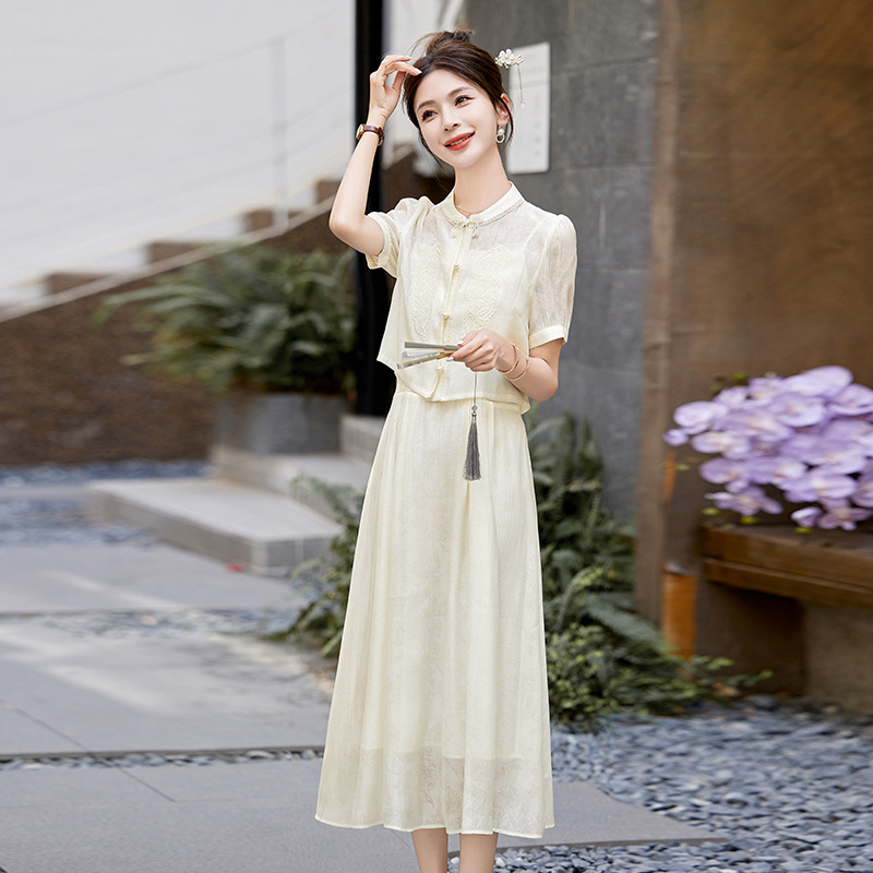 新中式国风套装连衣裙山茶花语改良旗袍显瘦复古时尚气质两件套裙