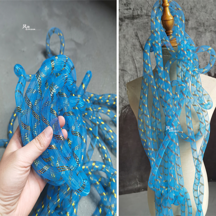 蓝金线扭曲管 弹力镂空网纱舞台创意手工装饰辅料材料管毕业作品