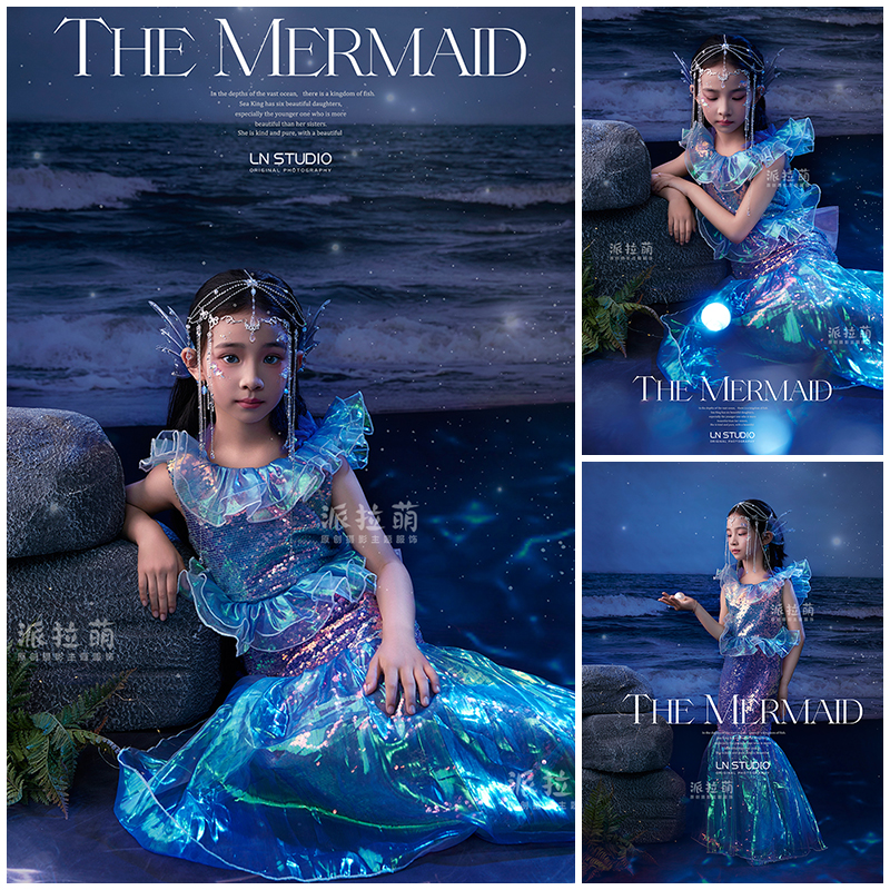 儿童摄影服装蓝色海底美人鱼主题3岁-12岁女童拍照衣服影楼艺术照