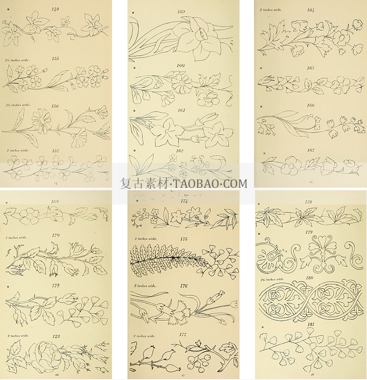复古欧式植物花草花卉人物瓷器刺绣图案线稿JPG图片装饰设计素材