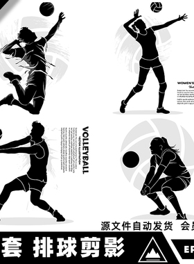 矢量AI手绘卡通排球运动比赛人物场景剪影宣传海报插画设计素材图