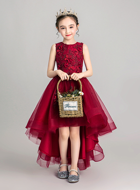 六一儿童节晚礼服公主裙女童小女孩花童主持人钢琴演出服红色夏季